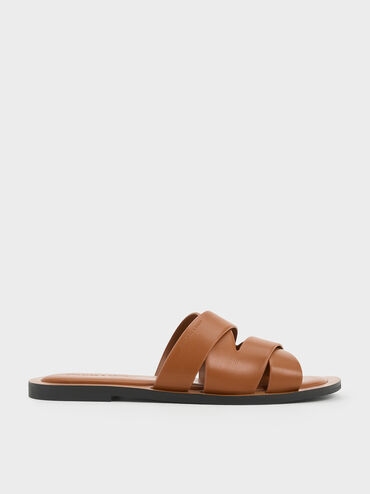 Strappy Crossover Slide Sandals, Cognac, hi-res