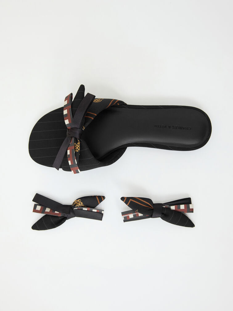 Satin Printed-Bow Slide Sandals, Black Textured, hi-res