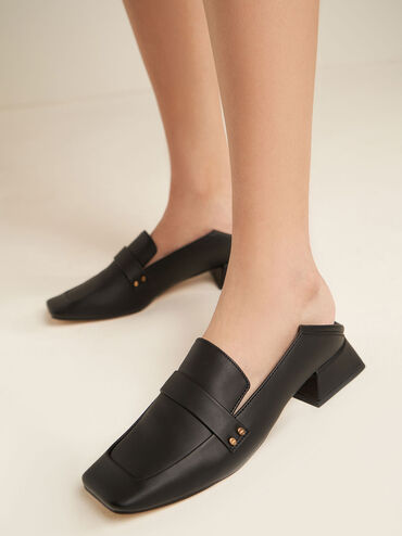 Square Toe Step-Back Penny Loafers, สีดำ, hi-res