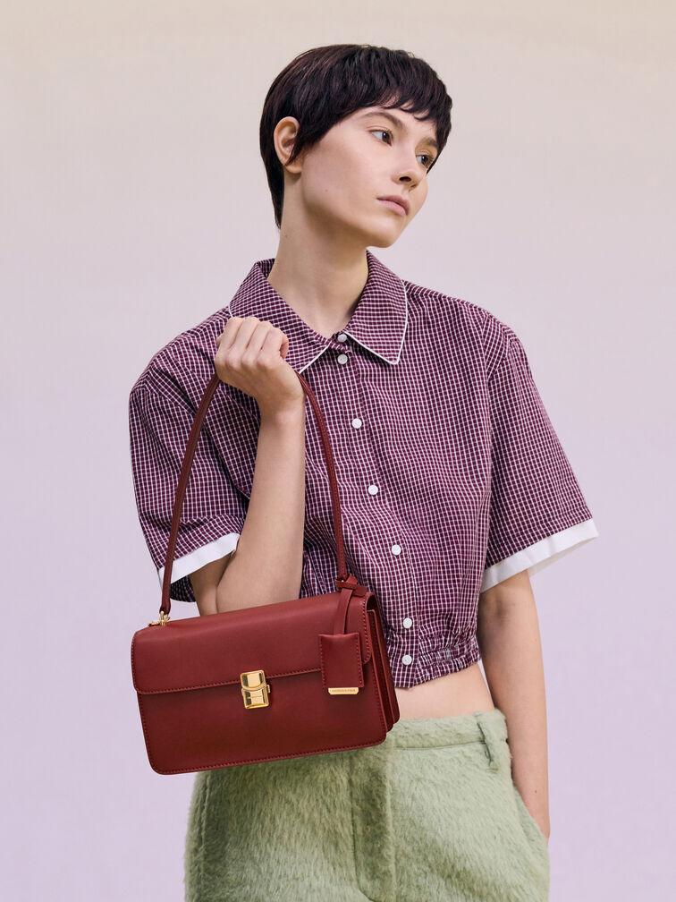 กระเป๋าสะพายไหล่ดีเทลสายโซ่และเกลียวเชือกรุ่น Acelynn, สีเบอร์กันดี, hi-res