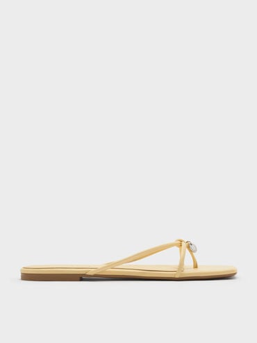 Metallic-Charm Strappy Thong Sandals, Yellow, hi-res