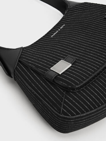 Striped Metallic-Accent Curved Shoulder Bag, สีดาร์คเกรย์, hi-res