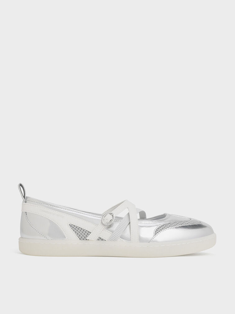 Metallic Mesh Two-Tone Ballet Sneakers, Silver, hi-res