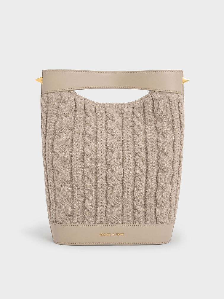 Apolline Textured Knit Bucket Bag, สีโทป, hi-res