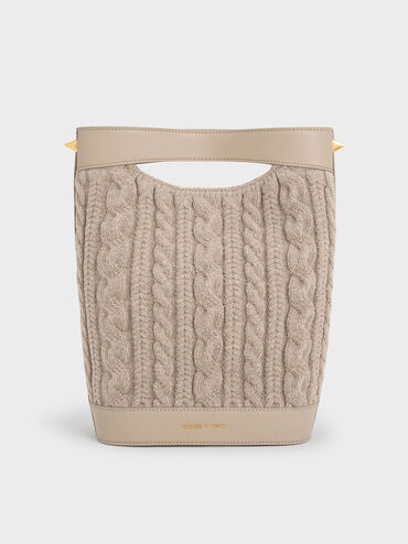 Apolline Textured Knit Bucket Bag, สีโทป, hi-res