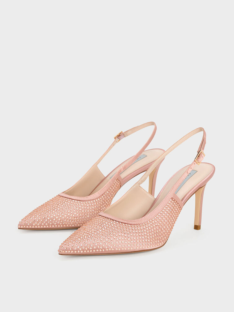 Satin Crystal-Embellished Slingback Pumps, สีนู้ด, hi-res