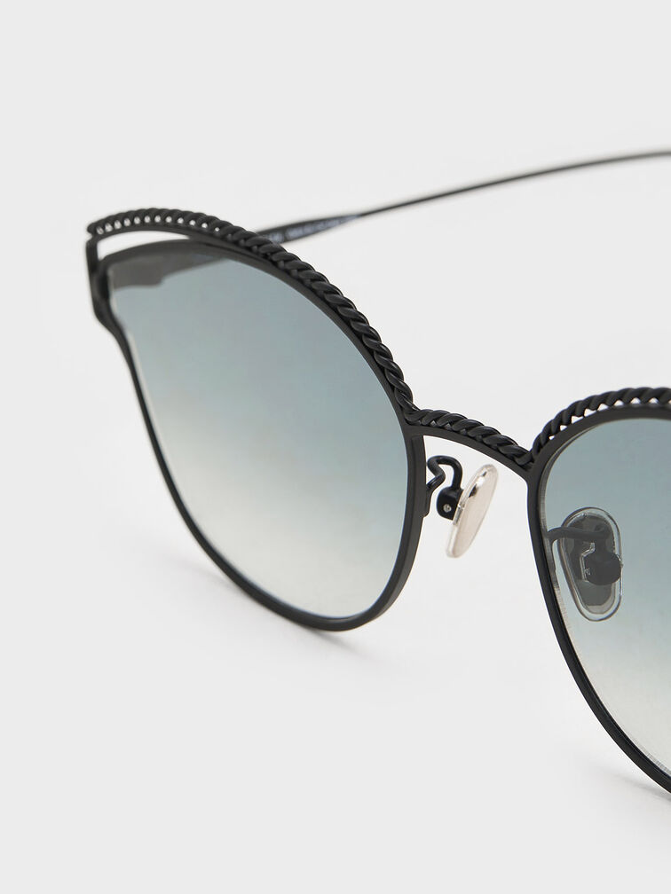 Braided Wire-Frame Cateye Sunglasses, สีดำ, hi-res