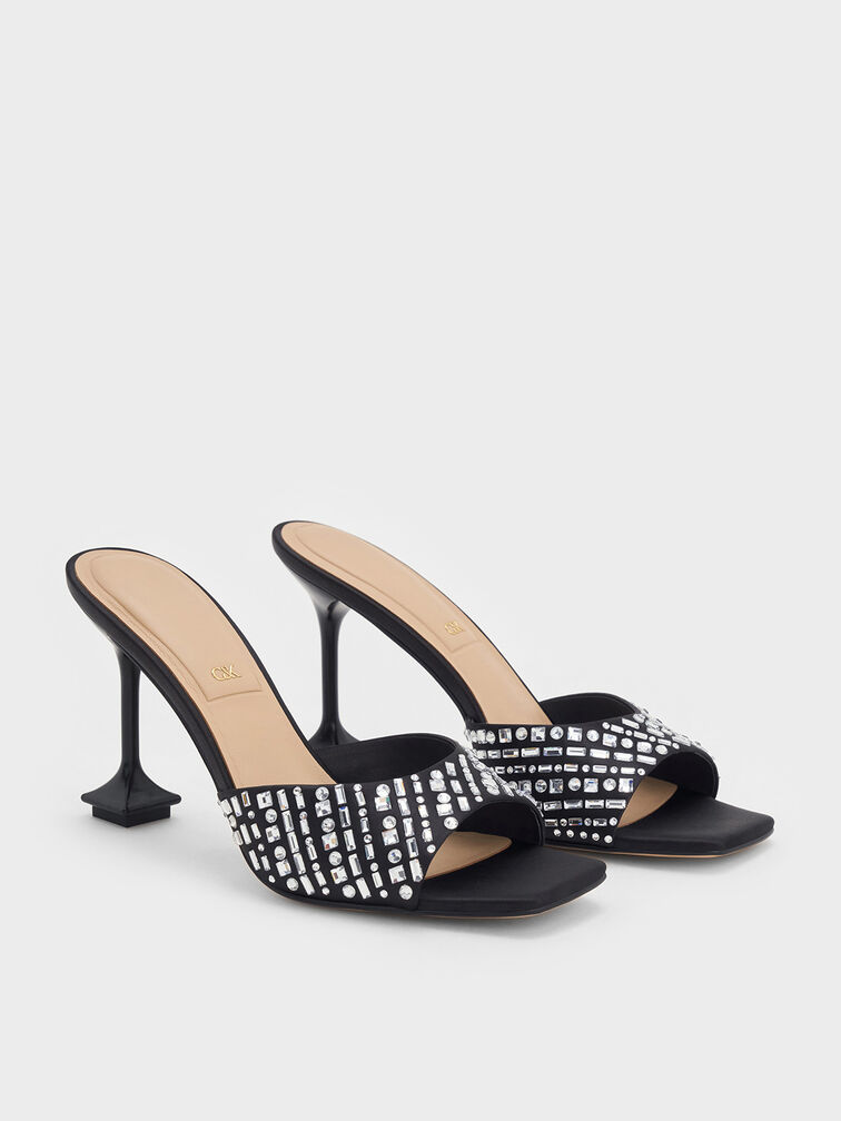 Jacqueline Recycled Polyester Crystal-Embellished Sculptural-Heel Mules, Black Textured, hi-res