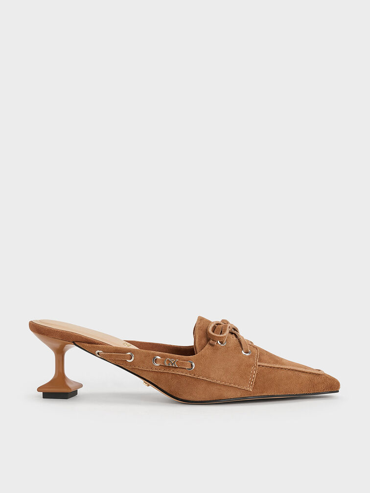 Kori Suede Lace-Up Sculptural-Heel Mules, Cognac, hi-res