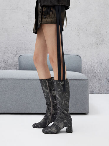 Denim Block-Heel Knee-High Biker Boots, Dark Grey, hi-res