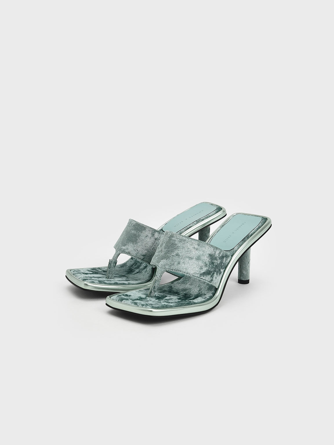 Holiday 2021 Collection: Etta Velvet Heeled Thong Sandals​, Sage Green, hi-res