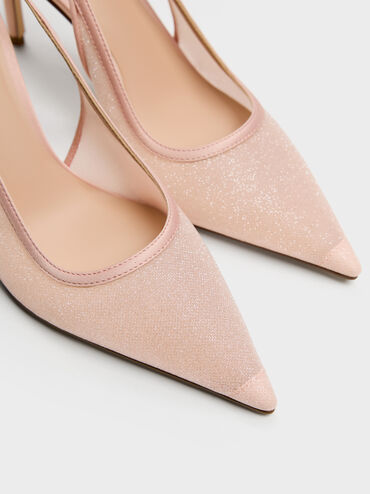 Glittered Mesh Pointed Slingback Pumps, Pink, hi-res