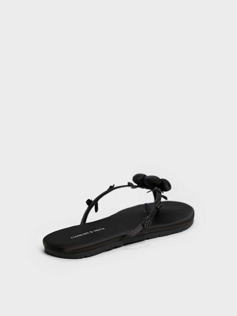 รองเท้าแตะหนีบประดับดอกไม้บุนวม, สีแบล็คเท็กซ์เจอร์, hi-res