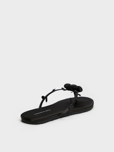 รองเท้าแตะหนีบประดับดอกไม้บุนวม, สีแบล็คเท็กซ์เจอร์, hi-res