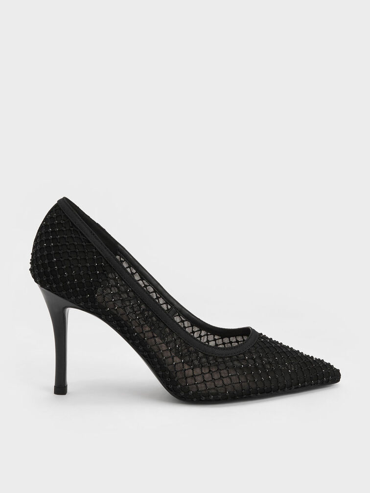 Gem-Encrusted Mesh Heeled Pumps, , hi-res