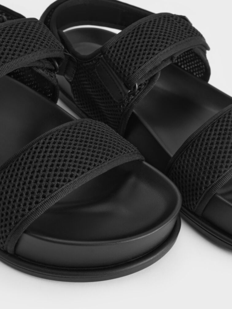 Mesh Double-Strap Slingback Sandals, Black Textured, hi-res