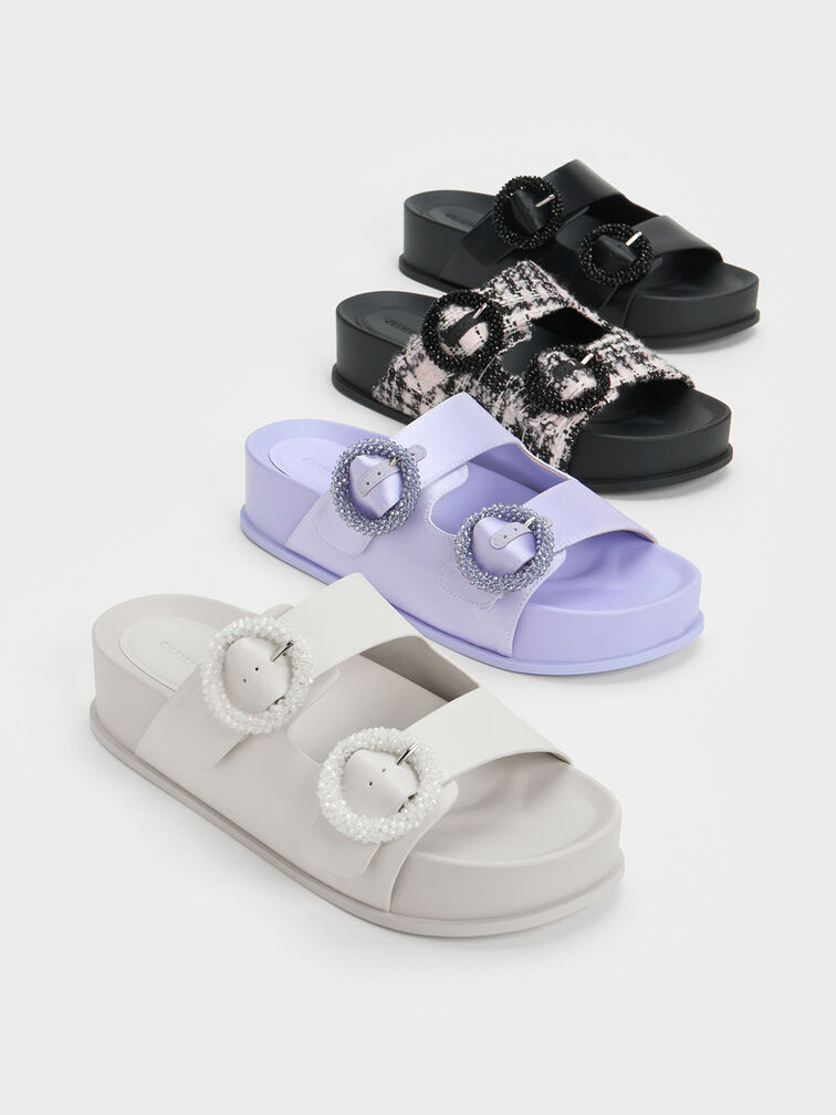 Tweed Beaded Circle Slide Sandals, สีชมพู, hi-res
