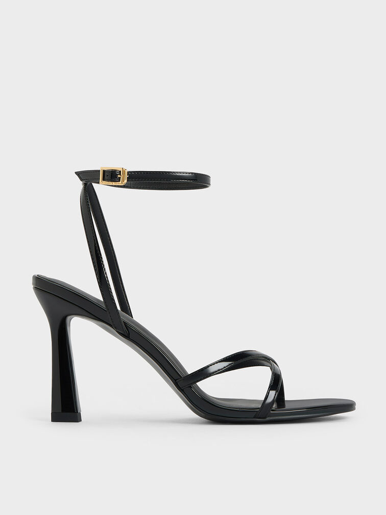 Patent Crossover-Strap Heeled Sandals, Black Patent, hi-res