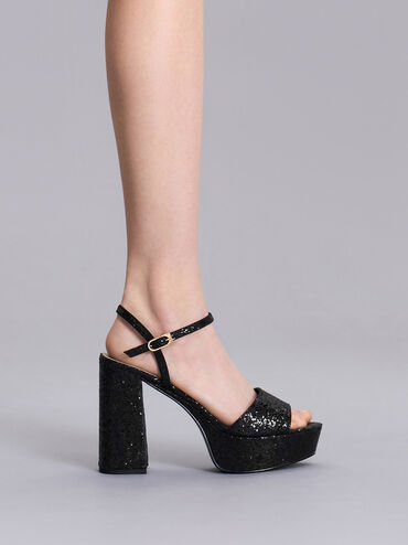 Glittered Ankle-Strap Platform Sandals, Black Textured, hi-res