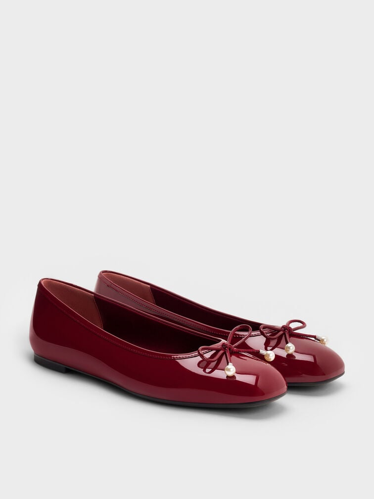 Barbara Patent Pearl-Embellished Bow Ballet Flats, Red, hi-res