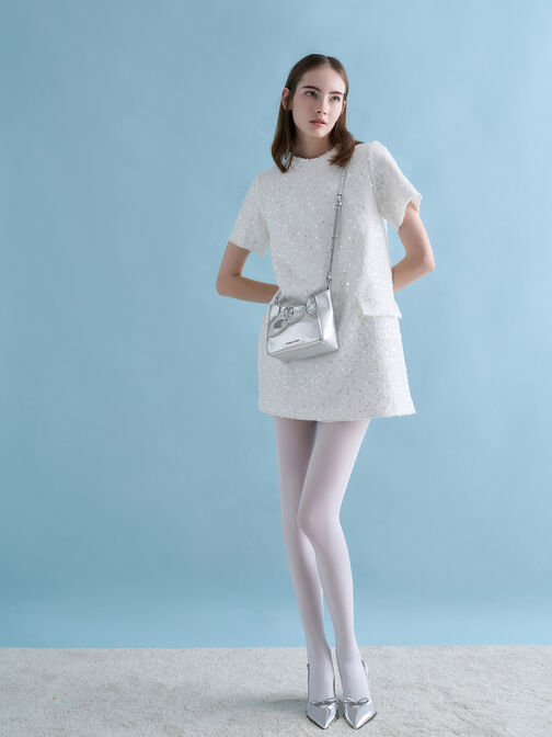 Brigette Ruched Glittered Chain-Handle Shoulder Bag, Silver, hi-res