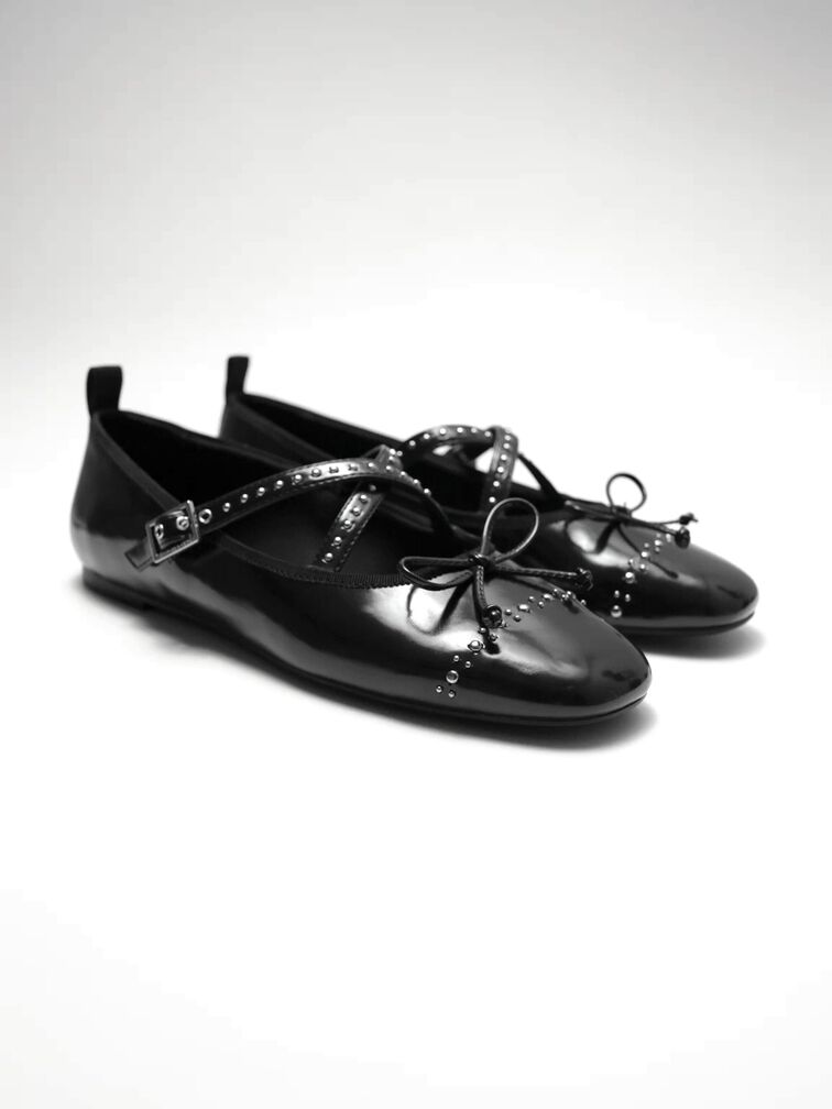 Studded Crossover-Strap Mary Jane Flats, Black Boxed, hi-res