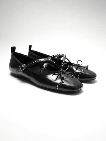 Studded Crossover-Strap Mary Jane Flats, Black Boxed, hi-res