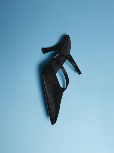 Arden Satin Pointed Wavy Heeled Mules, Black Textured, hi-res