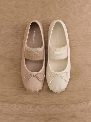 Winona Bow Furry-Strap Mary Jane Flats, Nude, hi-res