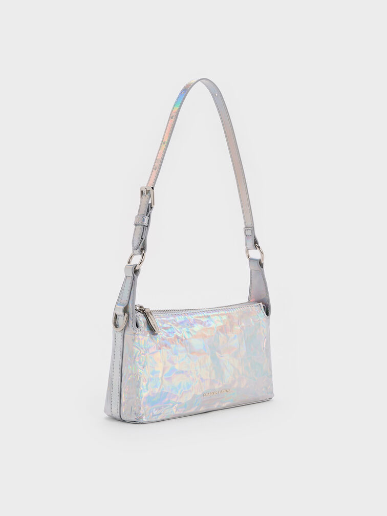 กระเป๋าสะพายไหล่โฮโลกราฟิกลายย่นรุ่น Lark, สีปริซึมซิลเวอร์, hi-res
