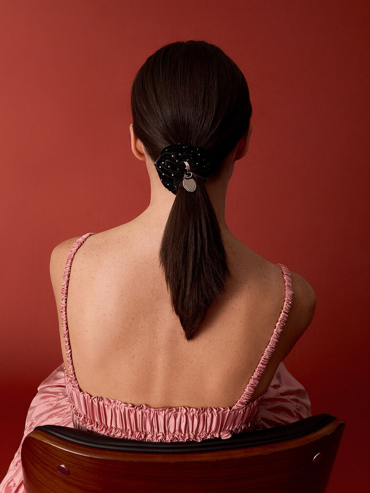 Velvet Dotted Scrunchie, Black Textured, hi-res