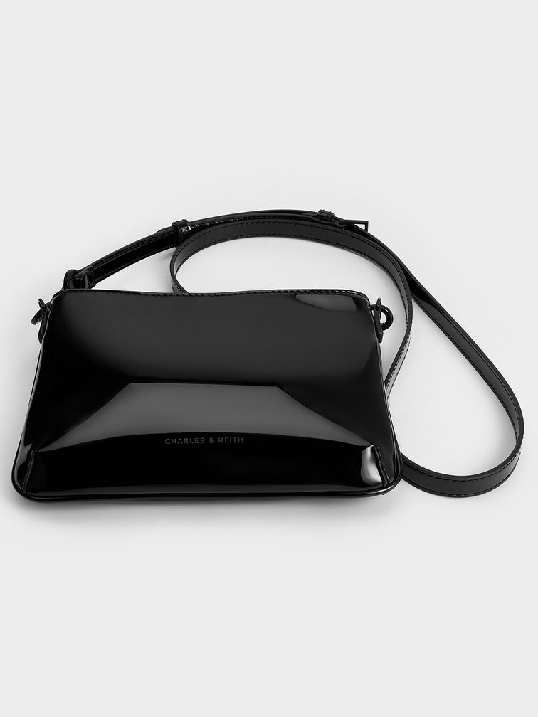 Patent Chain-Handle Shoulder Bag, Jet Black, hi-res