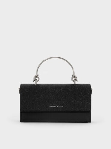 กระเป๋าสตางค์ดีเทลกลิตเตอร์พร้อมสายโซ่, สีดำอะไหล่สีเงิน, hi-res