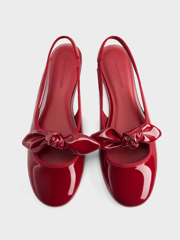 Patent Knotted-Bow Slingback Flats, Red, hi-res