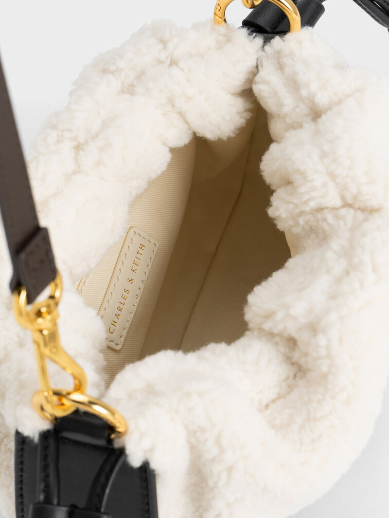 Furry Ruched Chain Handle Drawstring Bag, , hi-res