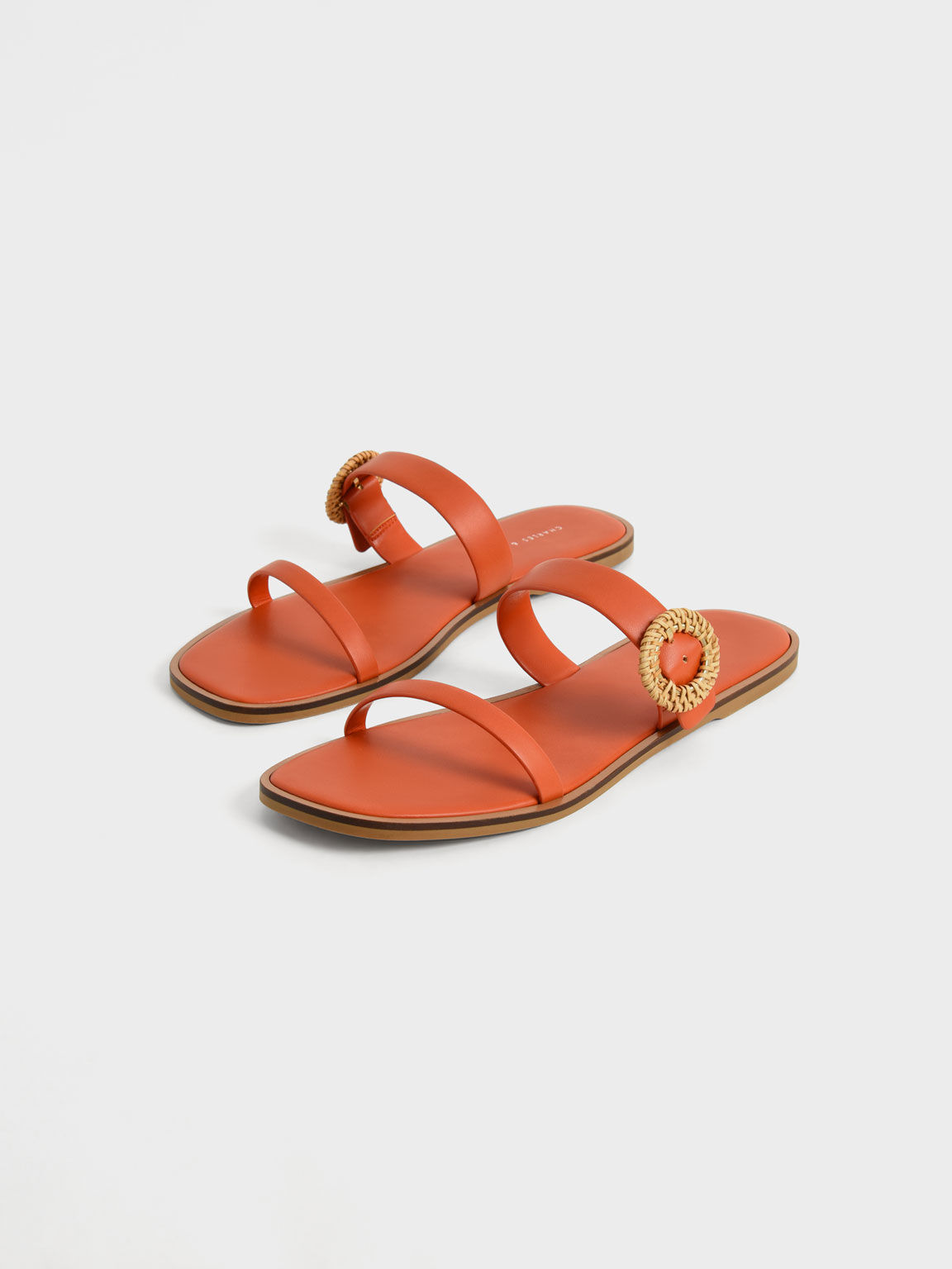 Woven Buckle Slide Sandals, Orange, hi-res