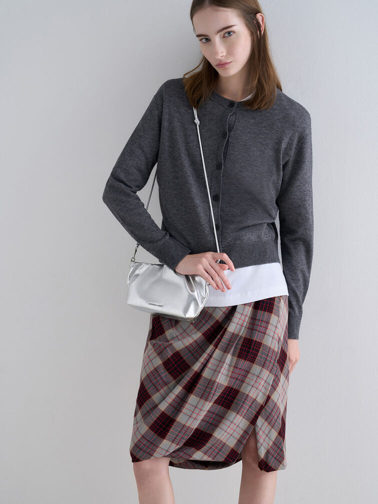 Brigette Metallic Ruched Chain-Handle Clutch, Silver, hi-res