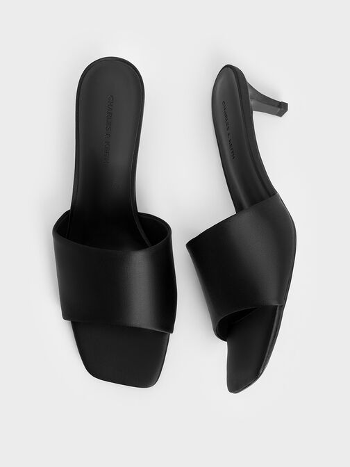 Satin Square-Toe Kitten-Heel Mules, Black Textured, hi-res