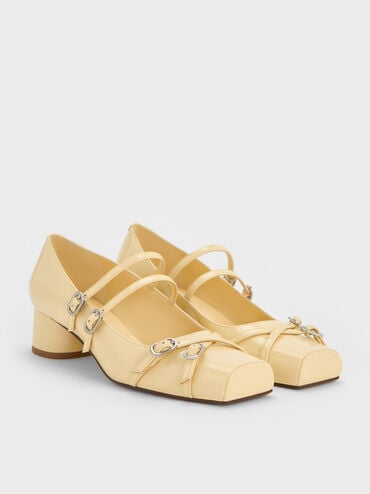 Patent Double-Strap Mary Jane Pumps, Butter, hi-res