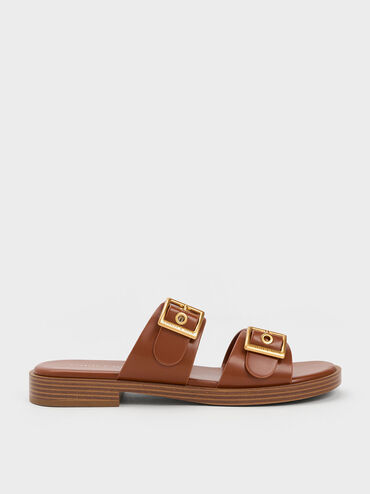 Buckled Double Strap Slide Sandals, สีคอนยัค, hi-res