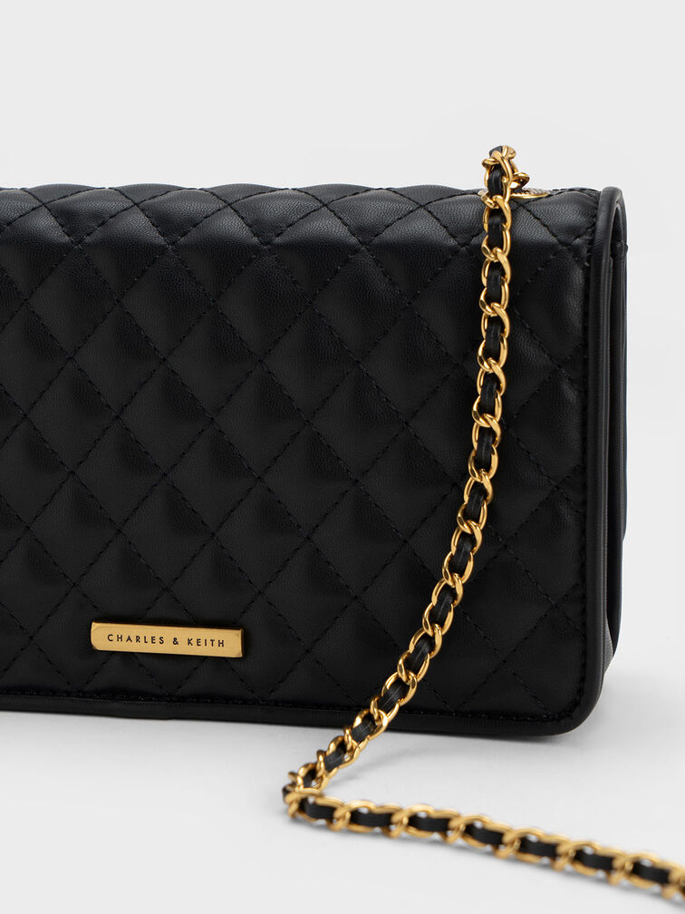 Metallic Turn-Lock Quilted Clutch, Black, hi-res