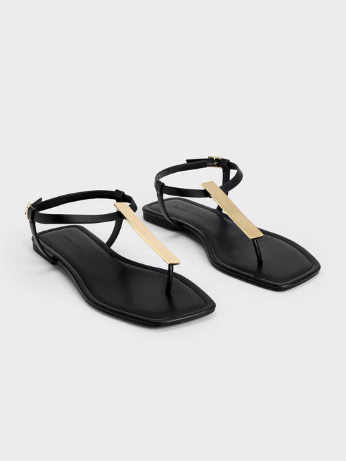 Metallic Accent T-Bar Thong Sandals, สีดำ, hi-res