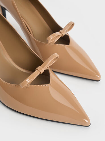 Patent Bow Pointed-Toe Stiletto-Heel Pumps, Caramel, hi-res