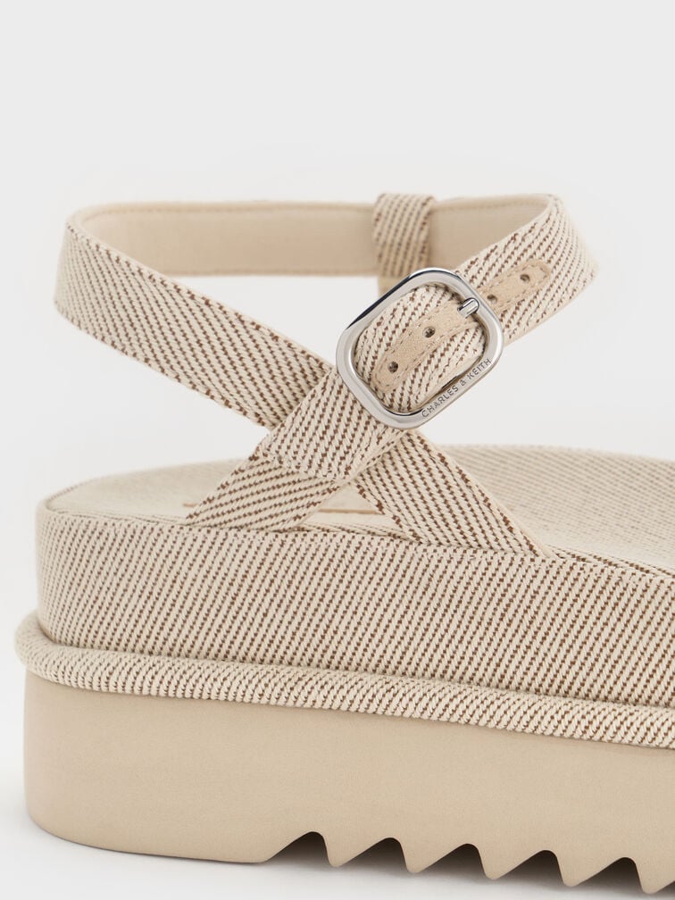 Twill Flatform Ankle-Strap Sandals, Beige, hi-res