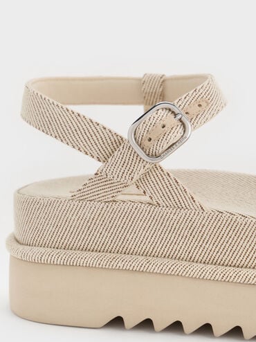 Twill Flatform Ankle-Strap Sandals, Beige, hi-res