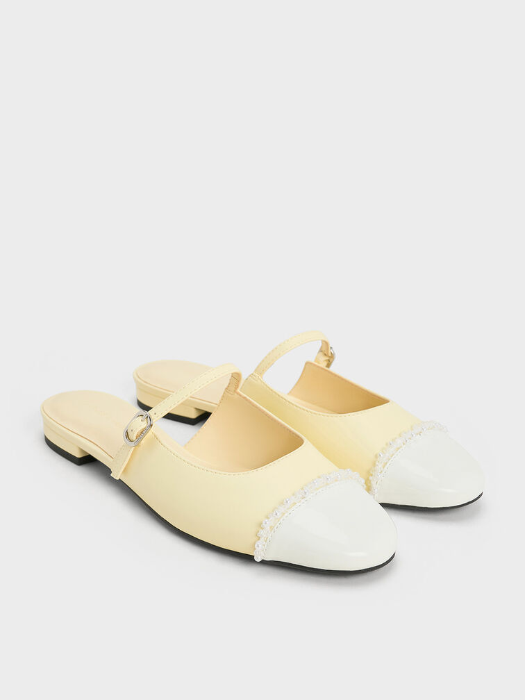 Pearl-Embellished Cap-Toe Flat Mules, Butter, hi-res