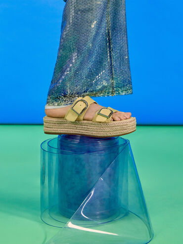 Faux Suede Double-Strap Espadrille Flatform Sandals, Yellow, hi-res