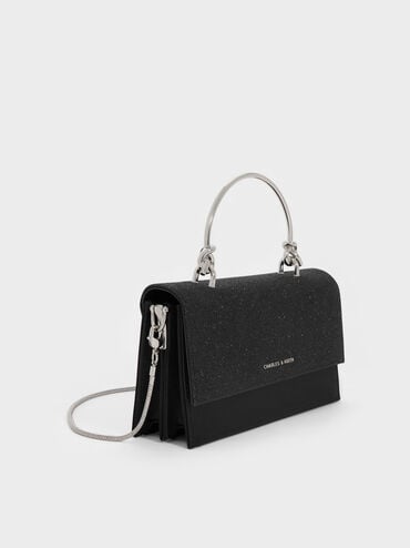 กระเป๋าสตางค์ดีเทลกลิตเตอร์พร้อมสายโซ่, สีดำอะไหล่สีเงิน, hi-res