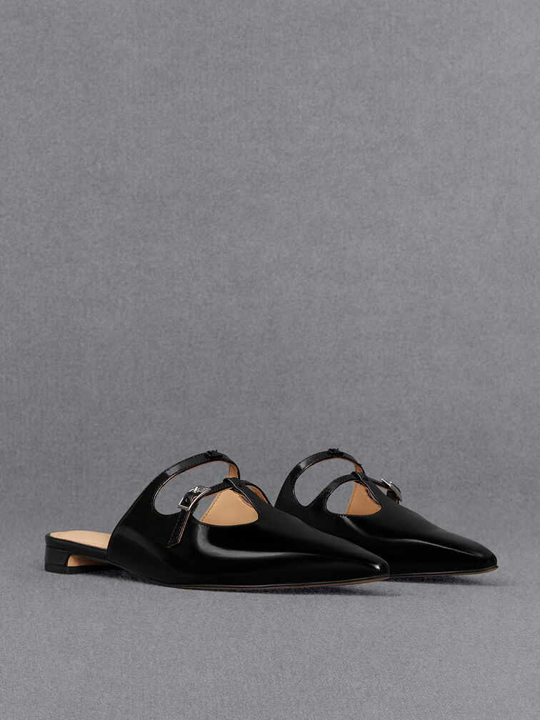Leather T-Bar Double-Strap Mules, Black Boxed, hi-res
