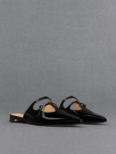 Leather T-Bar Double-Strap Mules, Black Boxed, hi-res